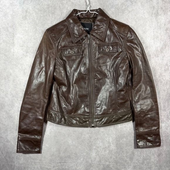 Mossimo Jackets & Blazers - VTG Y2k 2002 Mossimo Womens Small Brown Faux Leather Cropped Moto Trucker Jacket
